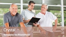  Presentation with coaching - Beautiful PPT theme featuring fitness trainer with clipboard coaching happy senior people in gym backdrop and a coral colored foreground