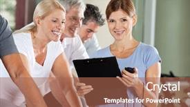  Presentation with senior fitness - Amazing presentation having fitness trainer with clipboard and stopwatch next to senior citizens backdrop and a red colored foreground