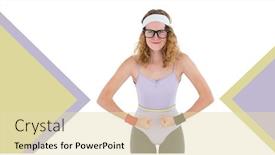  Presentation with minimal - Presentation design featuring fitness trainer woman with minimal shapes and glasses background and a soft green colored foreground