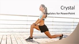 Presentation with fitness - Audience pleasing PPT theme consisting of profile photo of brunette fitness woman 20s in tracksuit doing lunges and stretching legs on boardwalk near seaside backdrop and a white colored foreground