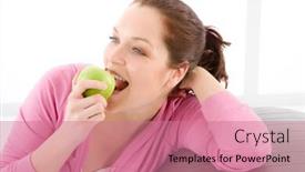  Presentation with eat - Slide deck having fitness woman eat apple sportive outfit in gym background and a coral colored foreground