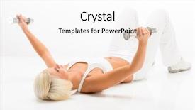  Presentation with exercise - Beautiful presentation featuring fitness woman exercise in studio lifting dumbbells lying white floor backdrop and a white colored foreground
