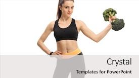  Presentation with fitness - PPT theme enhanced with fitness woman holding a broccoli background and a  colored foreground