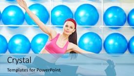  Presentation with pilates - Colorful PPT theme enhanced with fitness woman instructor doing stretching pilates exercises split in sport club backdrop and a light blue colored foreground
