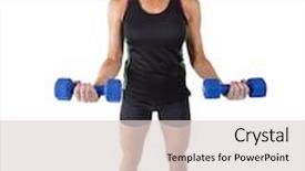  Presentation with lifting weights - Colorful presentation theme enhanced with fitness woman lifting free weights on a white background backdrop and a light gray colored foreground
