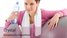  Presentation with water bottle - Slides having fitness - woman relax with water bottle exercise ball background and a coral colored foreground