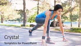  Presentation with woman runner - Cool new theme with fitness woman runner in start position outdoor backdrop and a light blue colored foreground
