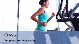  Presentation with running treadmill - Beautiful slide deck featuring fitness woman running on treadmill backdrop and a teal colored foreground
