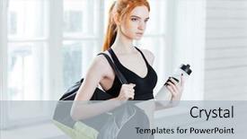  Presentation with water sports - Amazing PPT theme having fitness woman with sports bag backdrop and a  colored foreground