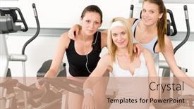  Presentation with exercise bike - Amazing slide deck having fitness young girls on gym bike indoor cardio exercise posing backdrop and a coral colored foreground