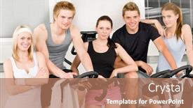  Presentation with group fitness - Colorful slide set enhanced with fitness young group people at gym bicycle portrait backdrop and a coral colored foreground