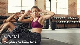  Presentation with fitness - Cool new PPT theme with fitness-young-woman-doing-abs backdrop and a dark gray colored foreground