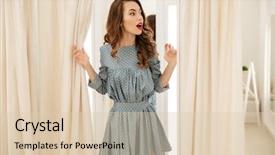  Presentation with five business people standing together and smiling - Slide deck consisting of fitting room looking for consultant background and a  colored foreground