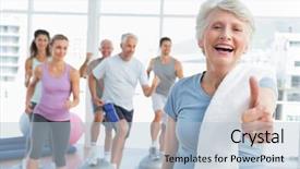  Presentation with senior fitness - Audience pleasing slide deck consisting of fitting up - cheerful senior woman gesturing thumbs backdrop and a light blue colored foreground