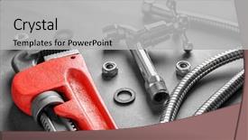  Presentation with plumber - Slide set having plimbing fittings - plumber's items on grey background background and a light gray colored foreground