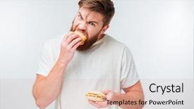  Presentation with eating - PPT theme with fittness diet healthy foods - excited bearded man greedily eating background and a lemonade colored foreground