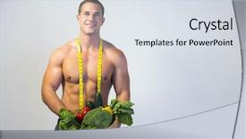  Presentation with measurement - PPT theme with fittness diet healthy foods - young fitted trainer and nutritionist background and a sky blue colored foreground