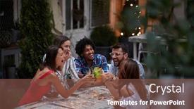  Presentation with outdoor party - Beautiful PPT theme featuring five-adults-making-toast backdrop and a tawny brown colored foreground