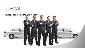  Presentation with auto - Beautiful slide deck featuring five-auto-mechanic-workers backdrop and a white colored foreground