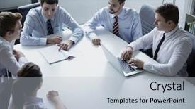  Presentation with meeting table - Audience pleasing slide set consisting of five business people having a business meeting at the table backdrop and a light gray colored foreground