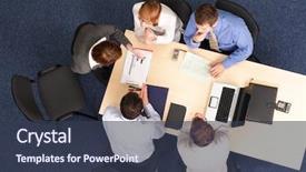  Presentation with five business people standing together and smiling - Audience pleasing theme consisting of five business people meeting - businesspeople backdrop and a tawny brown colored foreground