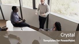  Presentation with conference table - Beautiful PPT theme featuring multi ethnic coworkers dressed casually - five business people sitting backdrop and a gray colored foreground