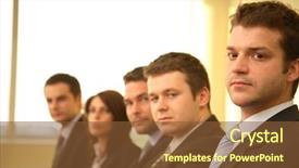  Presentation with conference table - PPT theme enhanced with five-business-persons-in-suits background and a tawny brown colored foreground