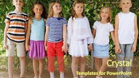  Presentation with green shadow - Audience pleasing presentation consisting of five children friends stand holding hands in shadow under arch twined with green in summer park backdrop and a tawny brown colored foreground