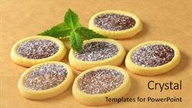  Presentation with cookies chocolate filling - Presentation with five cookies with chocolate and coconut filling background and a yellow colored foreground