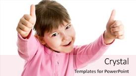  Presentation with cheerful - Colorful PPT theme enhanced with five fingers - cheerful girl showing thumbs up backdrop and a  colored foreground