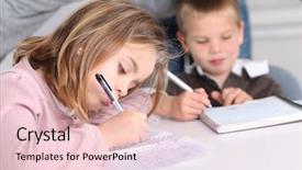  Presentation with kids in school - PPT theme featuring five grade - kids at school doing their background and a  colored foreground