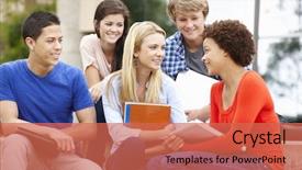  Presentation with multi racial - Presentation theme featuring five grade - multi racial student group sitting background and a coral colored foreground