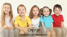  Presentation with children little child girl plays - Cool new PPT theme with five happy children three girls backdrop and a  colored foreground