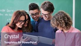  Presentation with green chalkboard - Cool new PPT layouts with five happy students in front of green chalkboard reading from a copybook backdrop and a ocean colored foreground