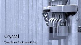  Presentation with security gate - Theme with asset protection - five padlocks on a metal background and a light blue colored foreground