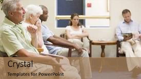  Presentation with waiting room - PPT theme having five people waiting in waiting background and a coral colored foreground