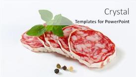  Presentation with slice of decorated cake - PPT theme consisting of five slices of french salami decorated with pepper and basil background and a sky blue colored foreground