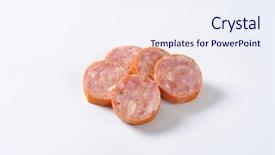  Presentation with grilling - Amazing PPT theme having five thick slices of pork grilling sausage backdrop and a sky blue colored foreground