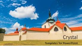  Presentation with renaissance era - Presentation design featuring five unique shapes - beautiful renaissance era castle background and a yellow colored foreground