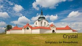  Presentation with pilgrimage - Audience pleasing PPT theme consisting of five unique shapes - pilgrimage church of saint john backdrop and a gold colored foreground