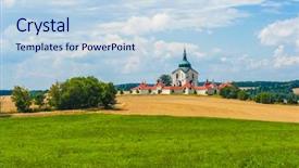  Presentation with pilgrimage - Presentation theme featuring five unique shapes - pilgrimage church of saint john background and a sky blue colored foreground