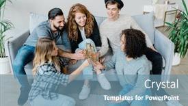  Presentation with flutes - Presentation enhanced with five young cheerful friends in casualwear clinking with flutes of champagne while celebrating holiday at home background and a teal colored foreground