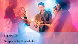  Presentation with sparkling lights - Cool new PPT theme with five-young-intercultural-friends-standing backdrop and a light blue colored foreground