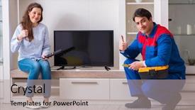  Presentation with home equity - PPT theme with fix - repairman repairing tv at home background and a light gray colored foreground