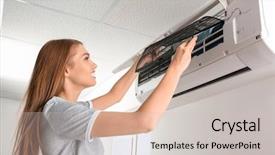  Presentation with conditioner - Slide deck with fix - young woman cleaning air conditioner background and a soft green colored foreground