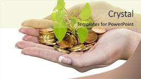  Presentation with hands saving - Audience pleasing theme consisting of fixed asset - hands with money and plant backdrop and a yellow colored foreground