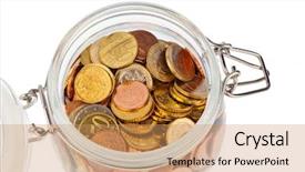  Presentation with european currency - Amazing PPT layouts having fixed asset - jar of coins backdrop and a coral colored foreground