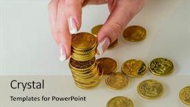  Presentation with saving - Beautiful slide deck featuring fixed asset - woman with coin stack while backdrop and a gold colored foreground