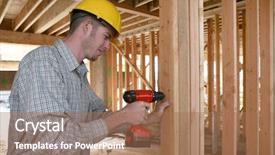  Presentation with drill - Amazing PPT theme having handsome construction man using backdrop and a coral colored foreground