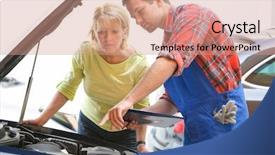  Presentation with female mechanic - Slide deck having fixed cost - auto mechanic and female customer background and a coral colored foreground